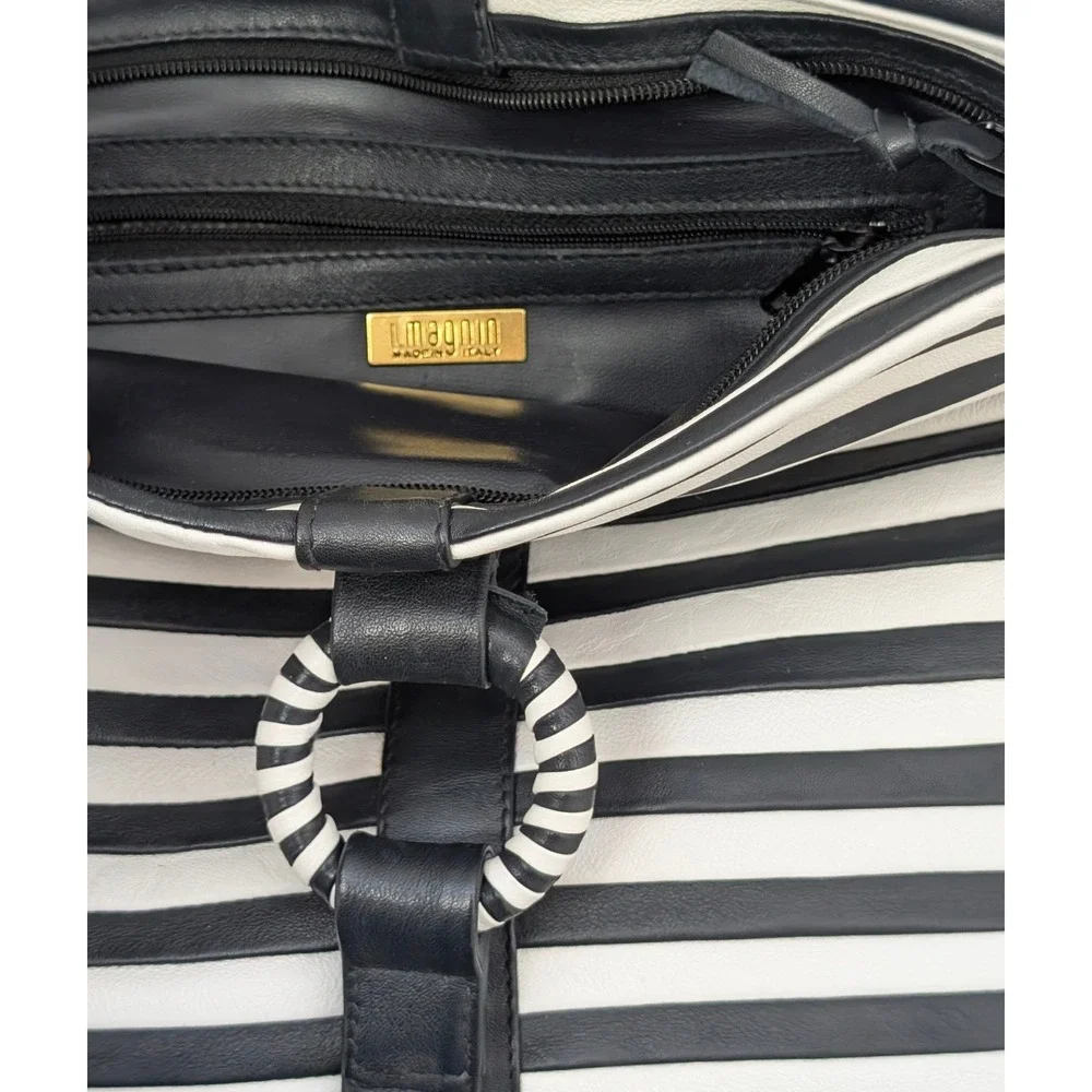 I. Magnin Vintage Black White Striped Leather Shoulder Bag Made in Italy